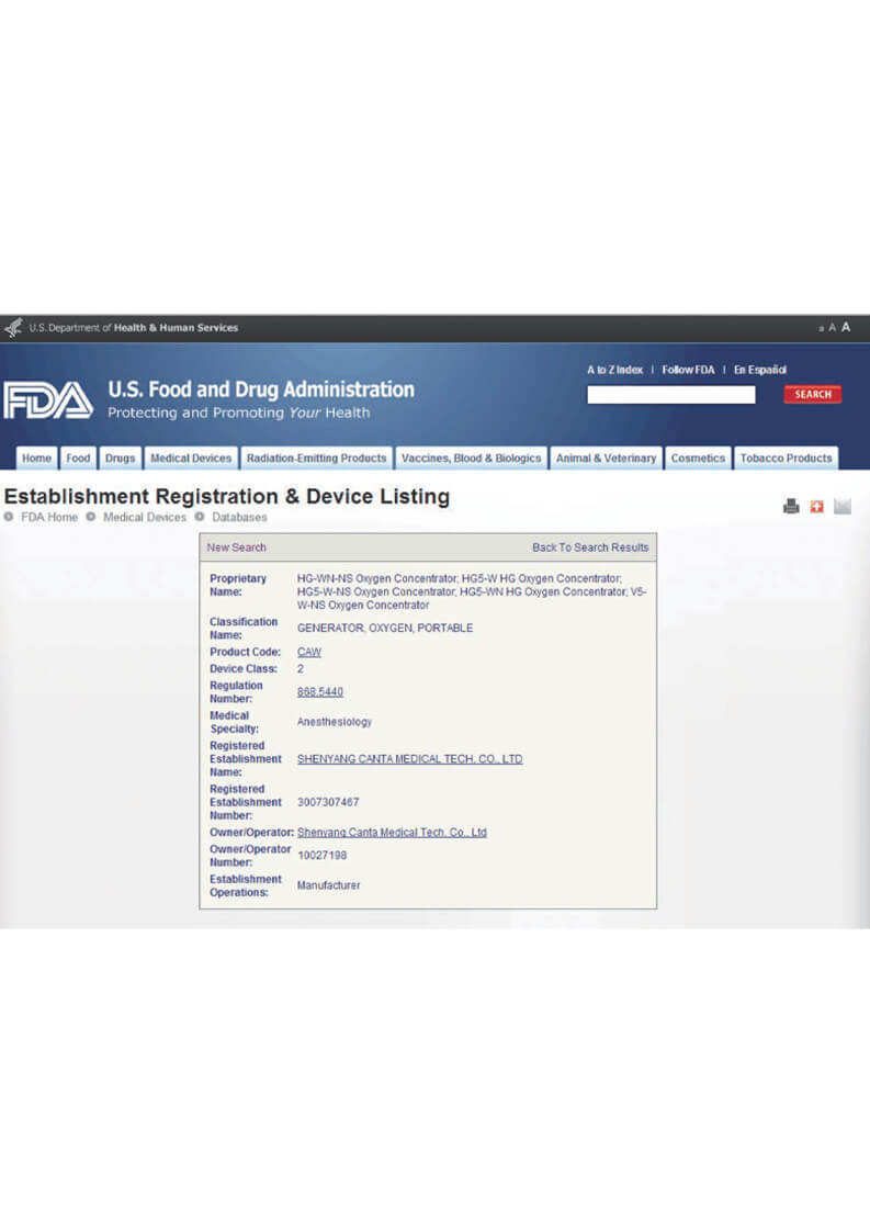 FDA Certificate of Oxygen Concentrator